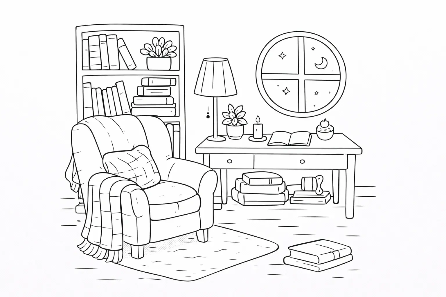 cozy room coloring page with reading chair bookshelf and lamp