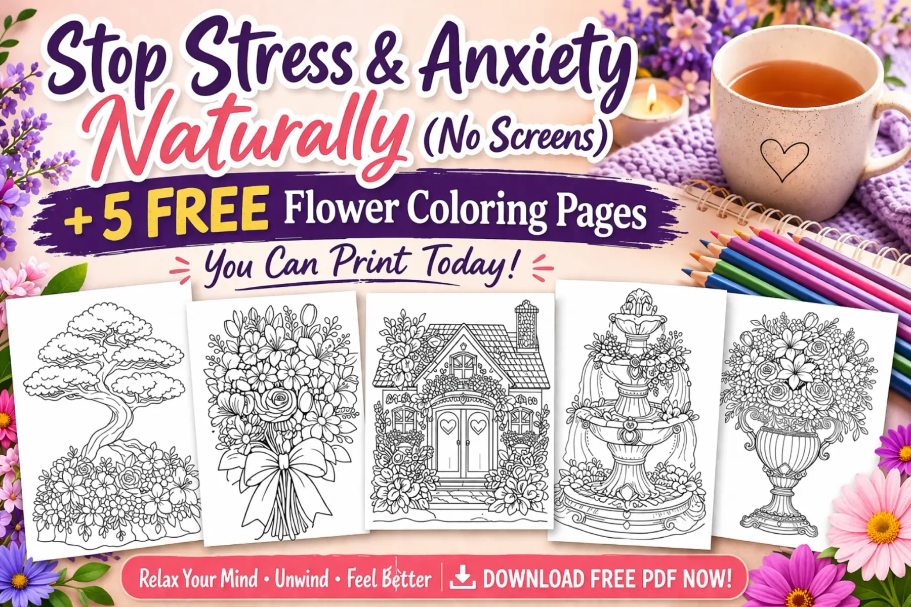 Relaxing flower coloring pages for adults - 5 free printable PDF designs for stress relief