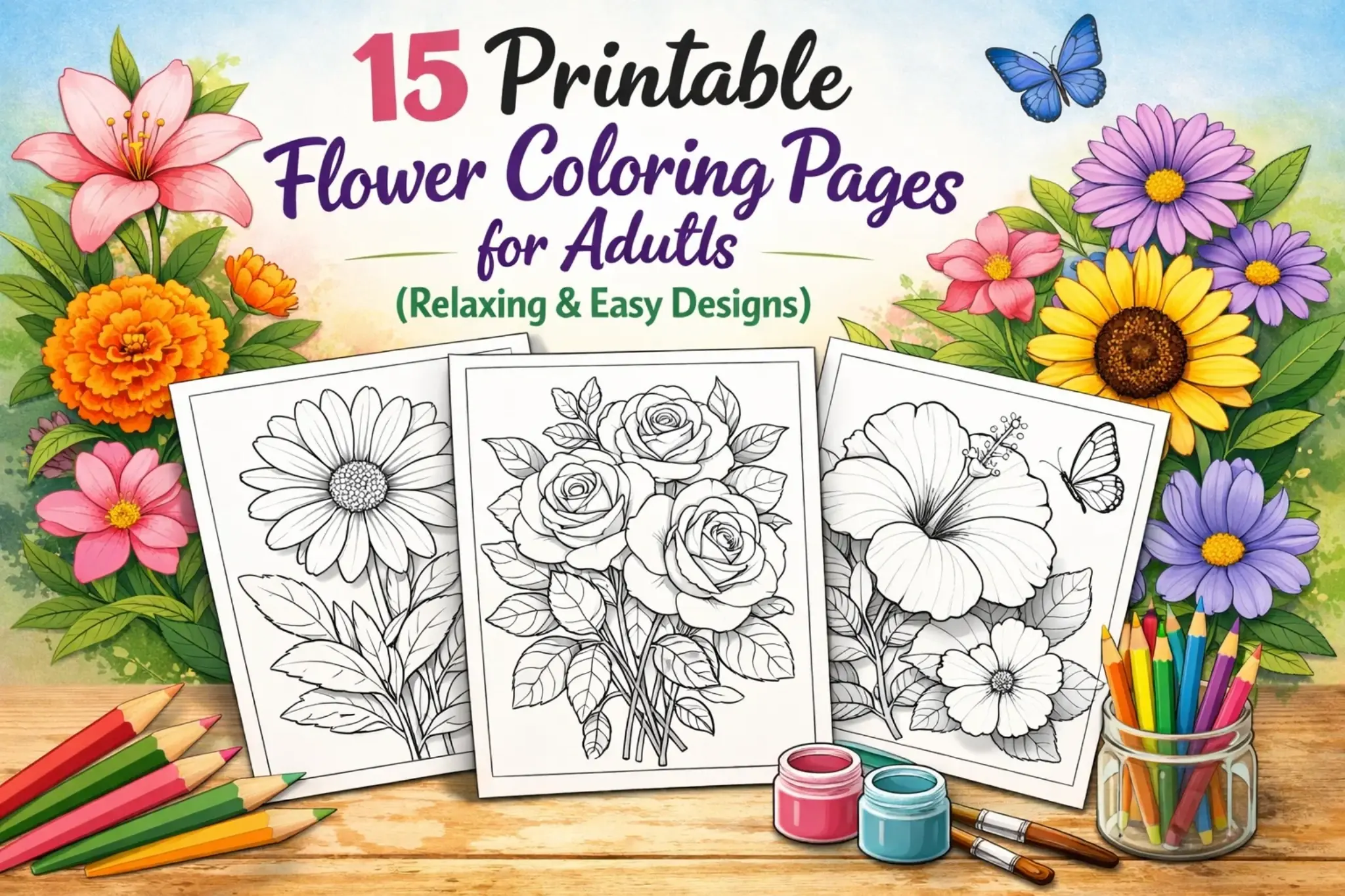 15 free flower coloring pages for adults printable pdf stress relief collection