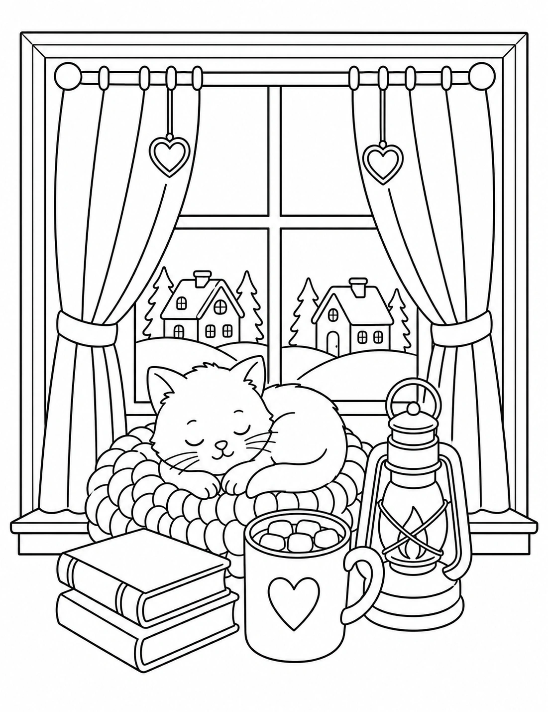 Printable cozy kitten coloring page for trying cozy color palettes