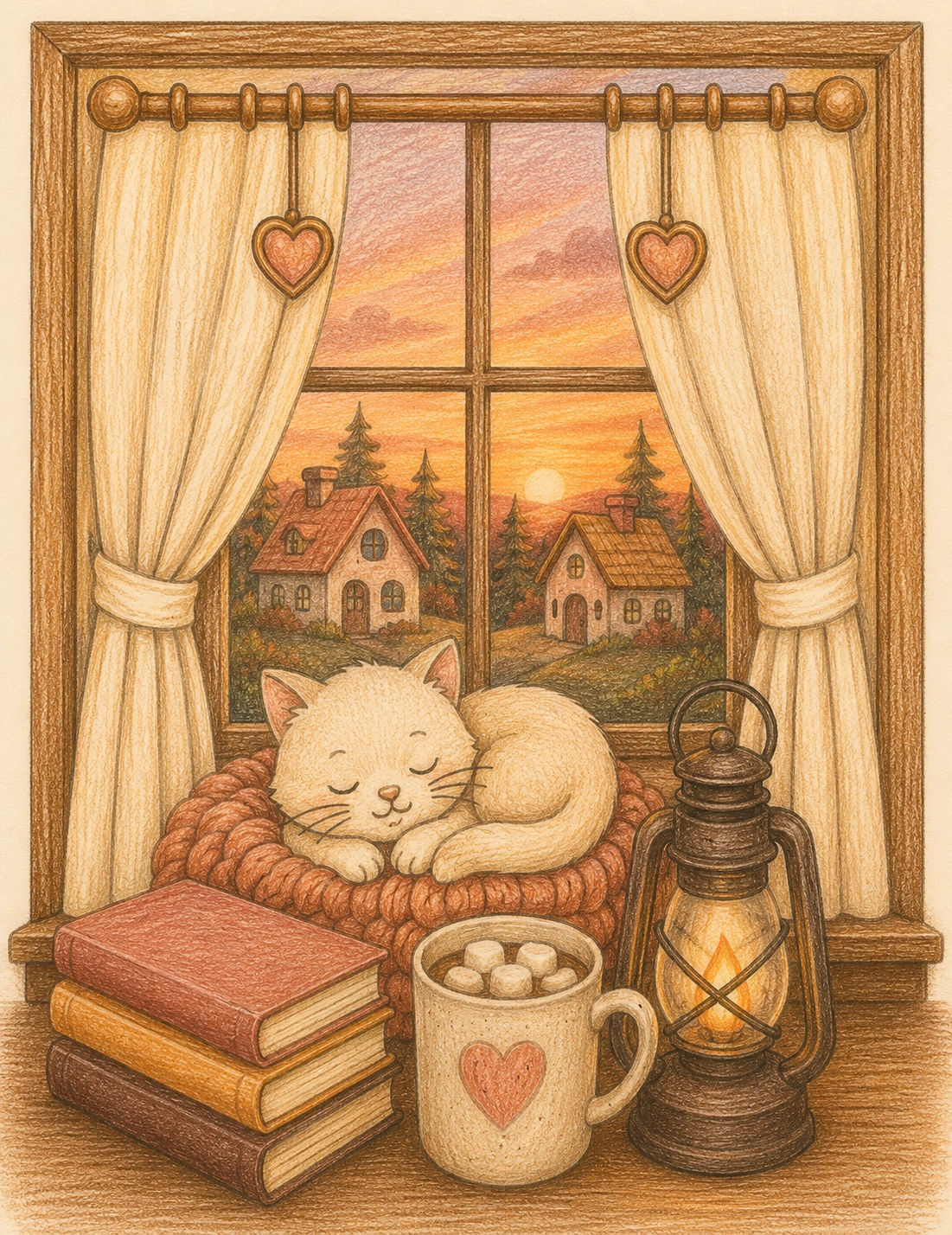 Cozy Sunset applied to cozy cat coloring page