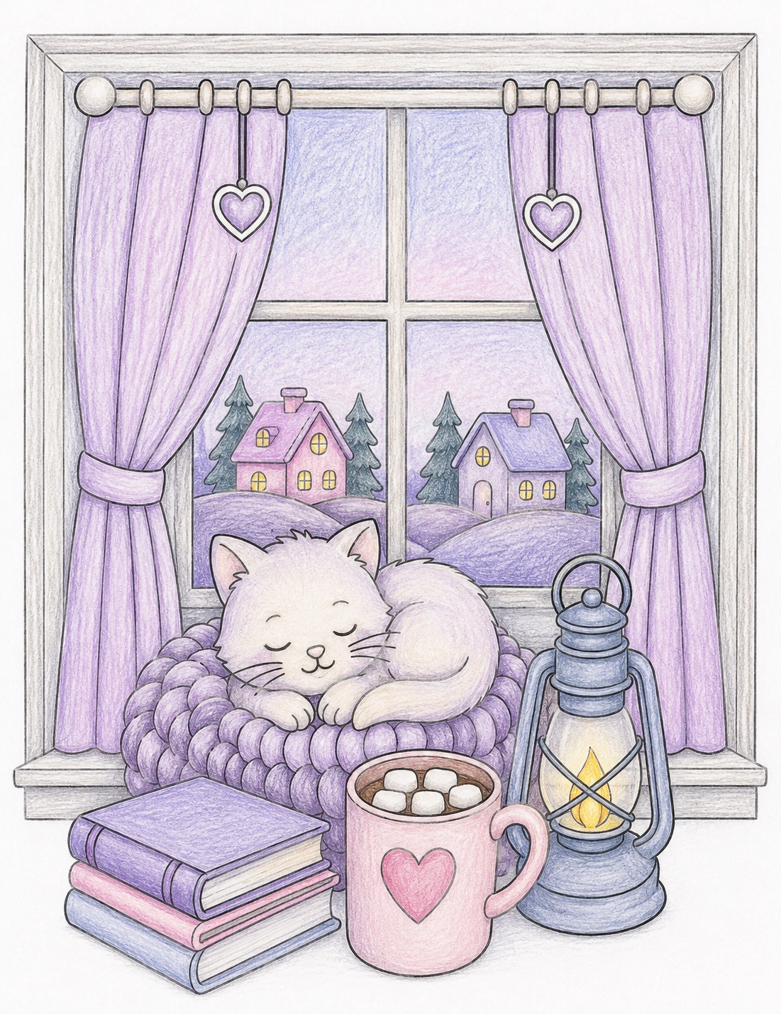 Lavender Dream applied to cozy cat coloring page