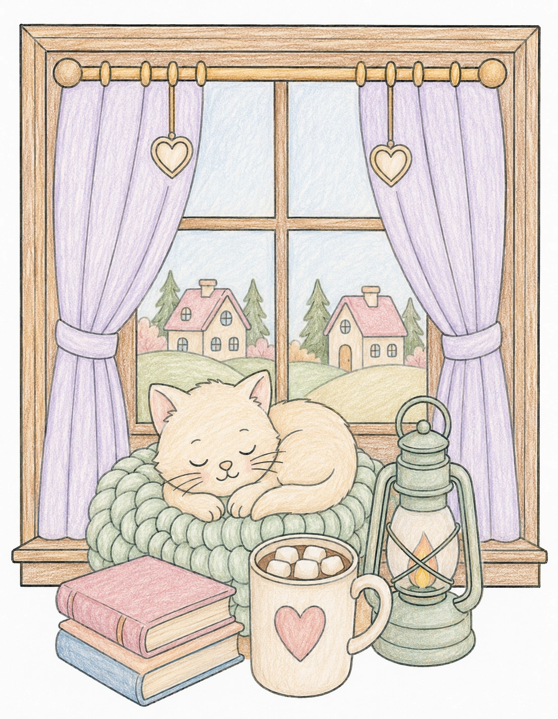 Pastel Calm applied to cozy cat coloring page