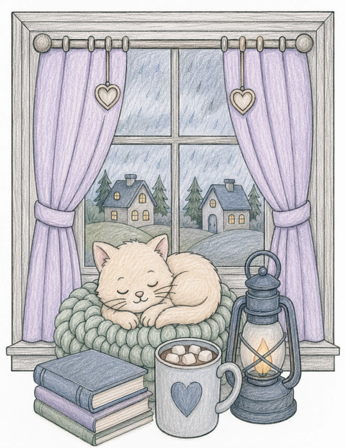 Rainy Day applied to cozy cat coloring page