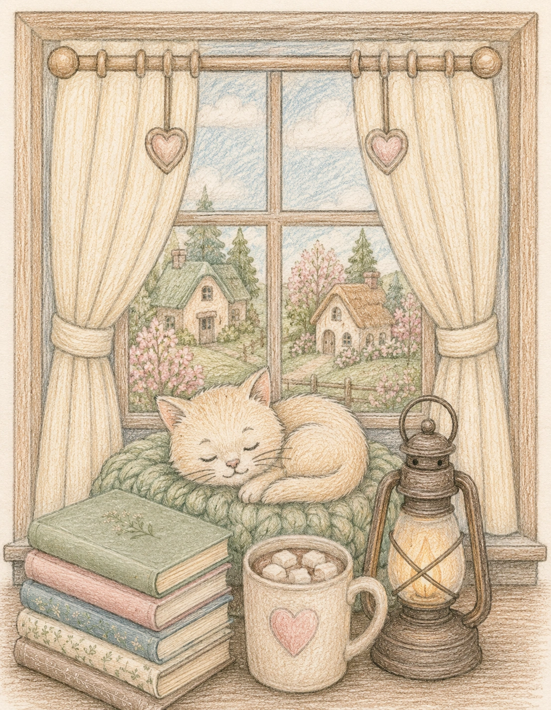 Soft Cottagecore applied to cozy cat coloring page