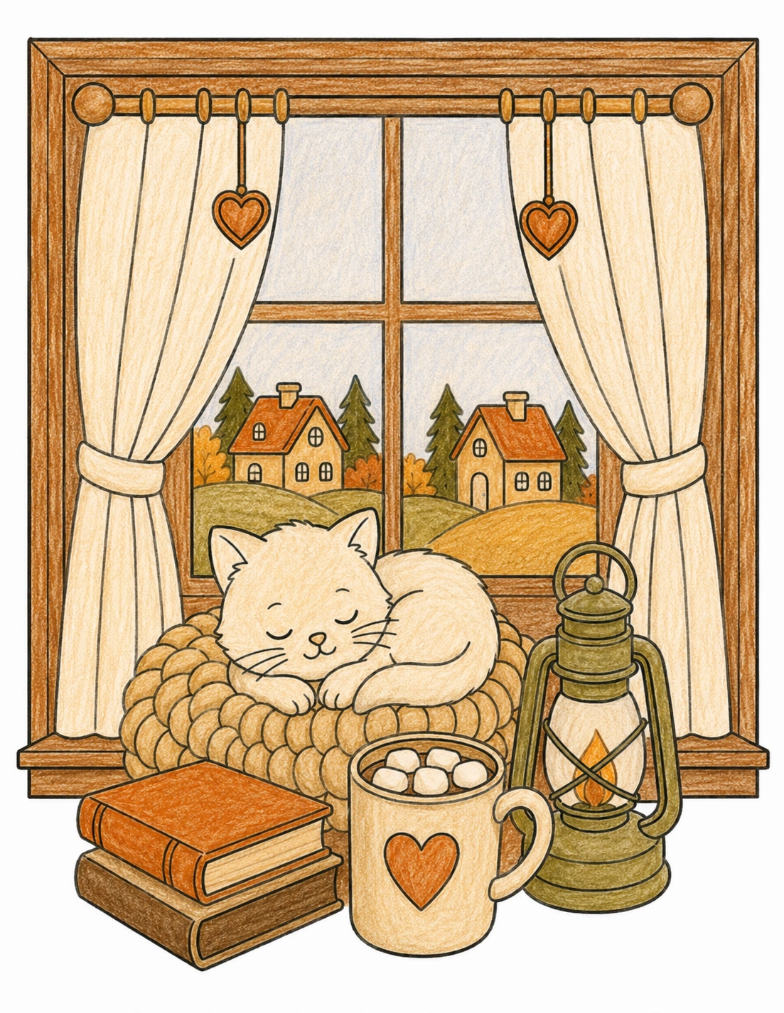 Warm Autumn applied to cozy cat coloring page