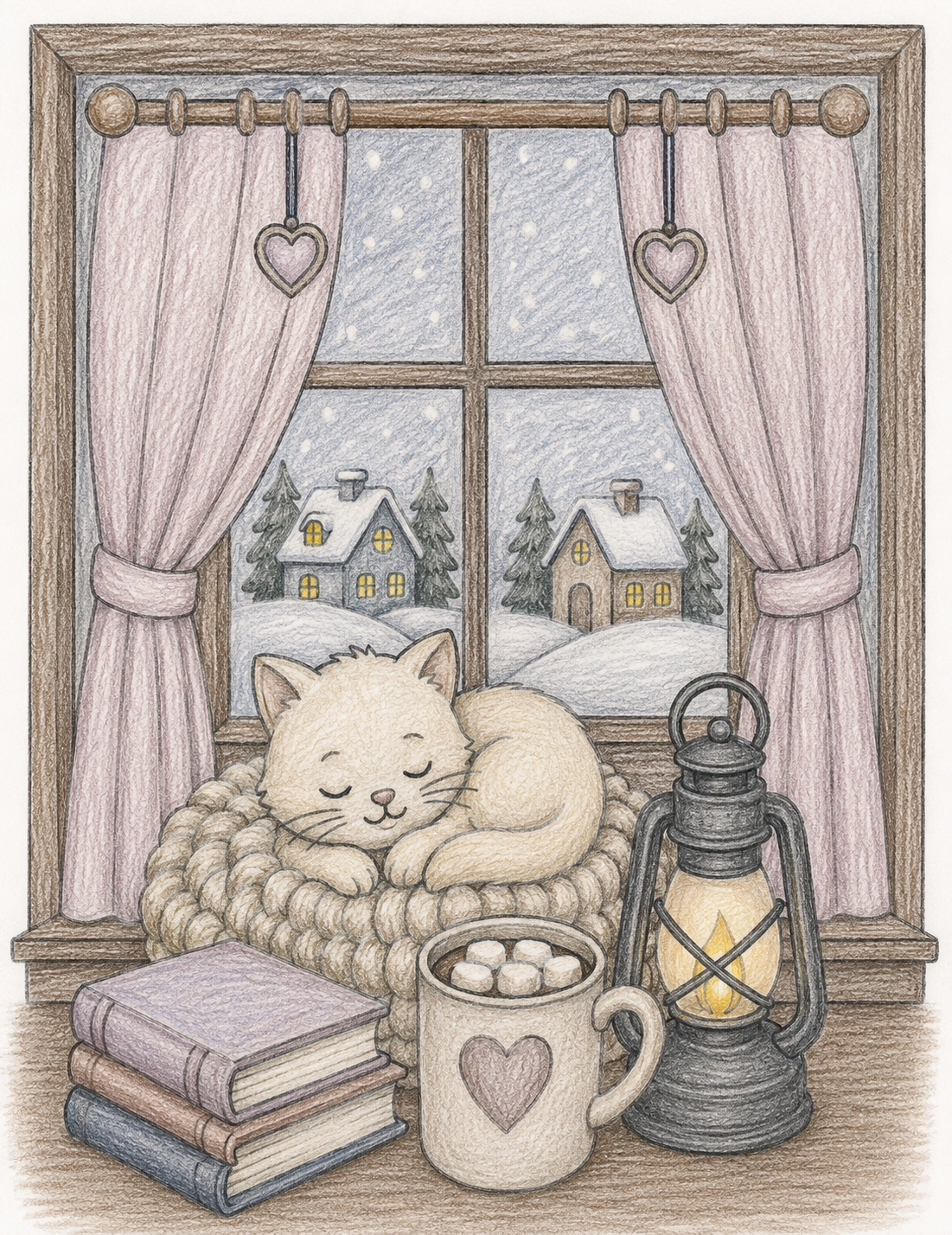Winter Cozy applied to cozy cat coloring page
