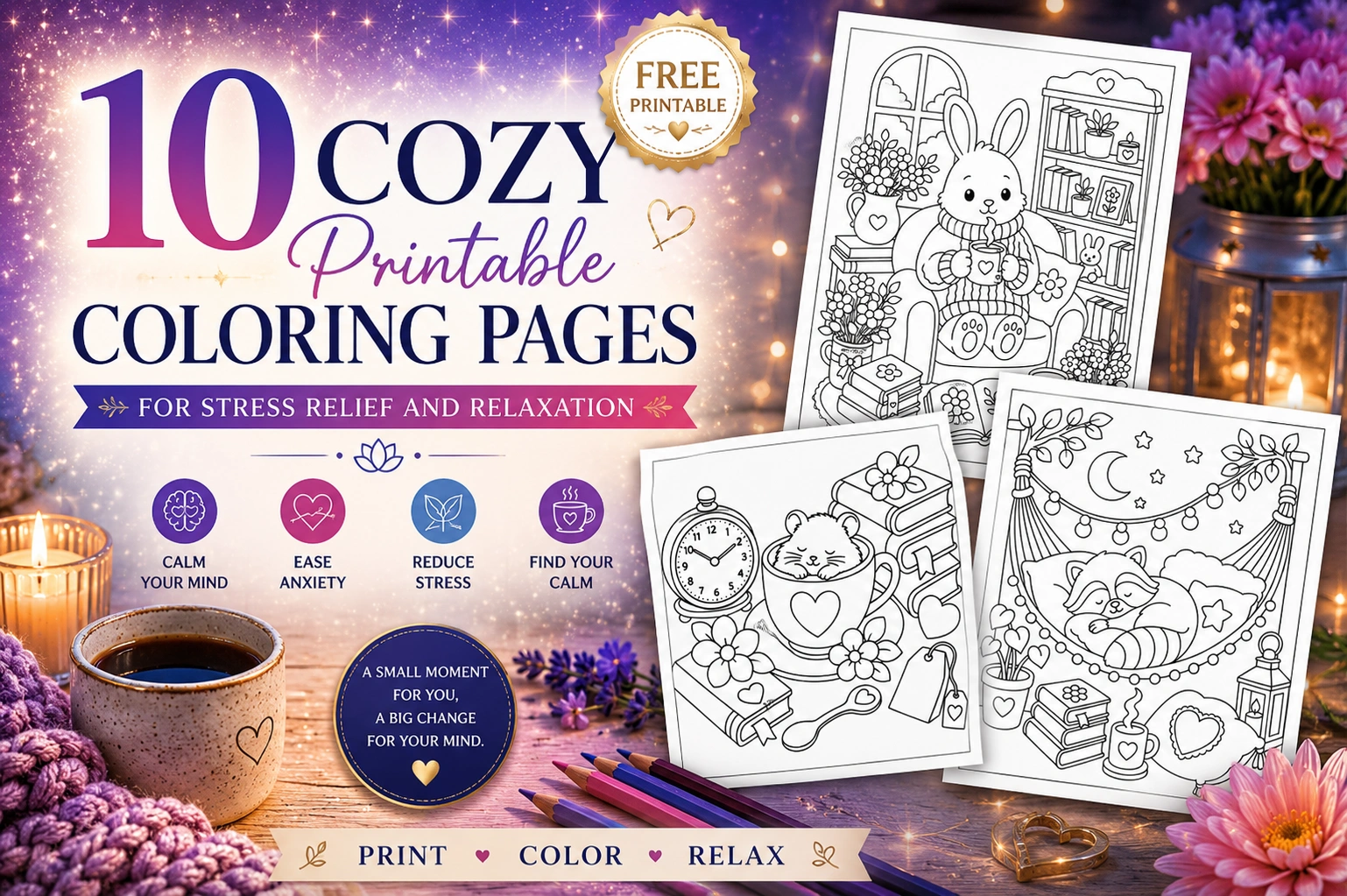 10 Cozy Printable Coloring Pages for Stress Relief and Relaxation