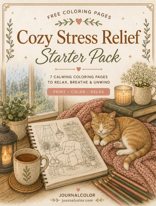 Free printable stress relief coloring pages PDF with cozy relaxing illustrations for adults