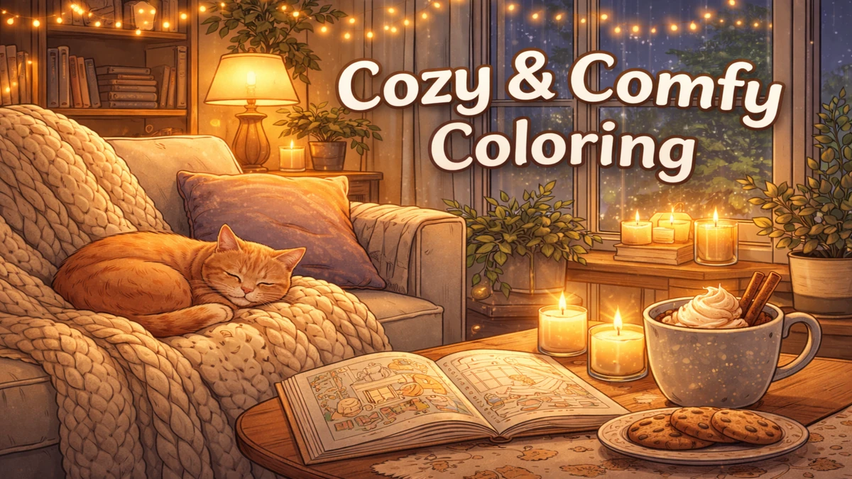 Cozy and comfy adult coloring book scene with a sleeping cat, warm lamp light, candles, hot cocoa, and an open coloring page on a wooden table